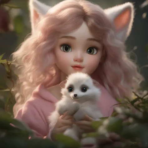 gremlin, like a fox, petite girl, big breastes, Huge eyes, large ears, big carrot in paws, white and pink fur, short tail, pink wool coat, The clothes, Best Quality, Masterpiece, in style of dark fantasy art, 真实感, Realism, Sovp, tmasterpiece, Brad Jongsan ...