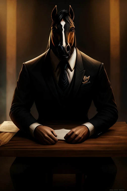 Could you portray a horse as a human dressed in a black suit sitting at a table with other horses?