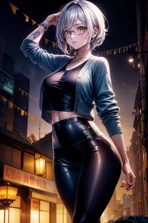 Best quality at best, tmasterpiece, 电影灯光, iintricate, Movie detailed realistic background, 详细的脸, full bodyesbian, little breast, actual, 清晰的线条, , , 1 Girl jogging, view over city, the night, tiedshirt, looking at viewert, Tattooed with, model poses, Cardig...