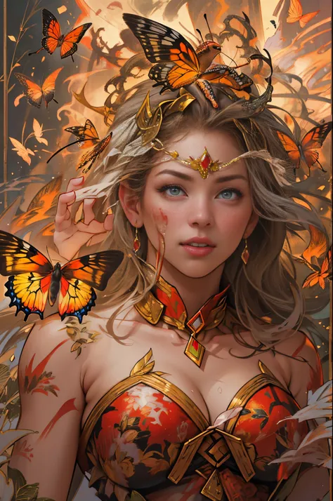 （tmasterpiece，top-quality，Best quality at best，offcial art，Beautiful and beautiful：1.2），A scene from a battle where a giant horned red butterfly fights against the goddess of war.，She is a great giant，she is a lovely princess，she is a strong warrior，butter...