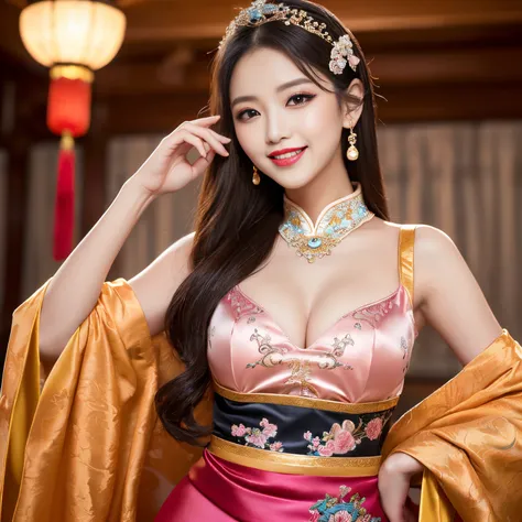 ((top-quality、masutepiece、8K、Top image quality、Highly complex and detailed depictions))、(Describe the upper body of a courtesan:1.5)、(Beautiful woman dancing gracefully:1.5)、(Dancing traditional dance gracefully:1.3)、Chinese prostitute house at night、((The...