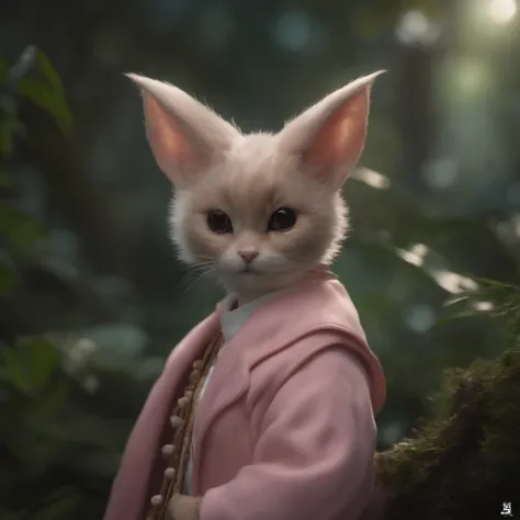 gremlin, Like a cat, petite girl, big breastes, Huge eyes, large ears, big carrot in paws, white and pink fur, short tail, pink wool coat, The clothes, Best Quality, Masterpiece, in style of dark fantasy art, 真实感, Realism, a cat, tmasterpiece, Brad Jongsan...