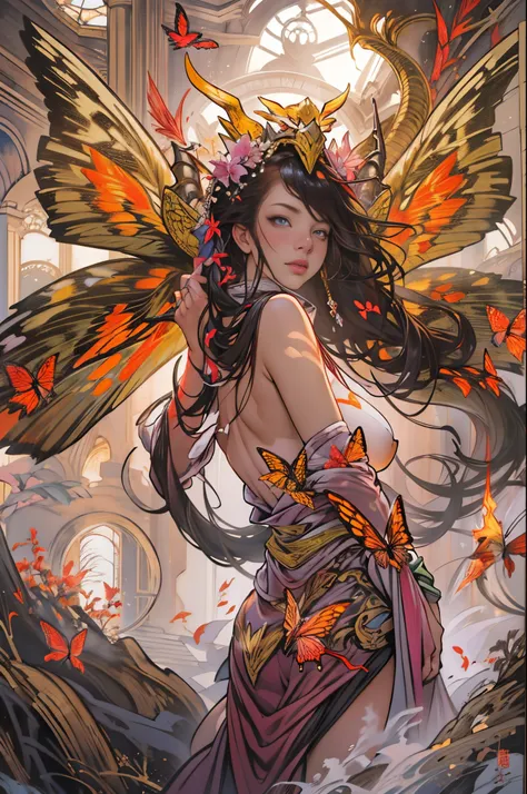 （tmasterpiece，top-quality，Best quality at best，offcial art，Beautiful and beautiful：1.2），A scene from a battle where a giant horned red butterfly fights against the goddess of war.，She is a great giant，she is a lovely princess，she is a strong warrior，butter...