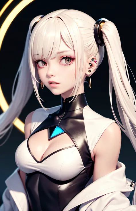 optimum，tmasterpiece，hight resolution，best qualtiy，hyper HD，super detailing，awardwinning，16 K，独奏，（The upper part of the body），anatomy correct，Beautiful cyberpunk girl，cute  face，，Gradient Beige Hair，Hairline，（（scarlet eyes）），long eyelasher，Hanging eye corn...