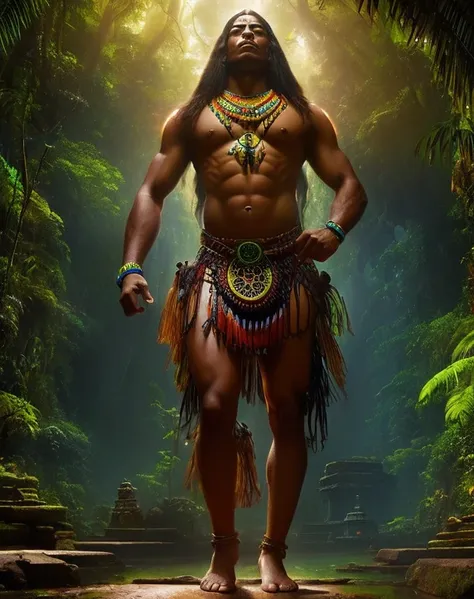 Alex Horley style art, full body, 1 indigenous Brazilian using psychic ability, concentrated cereno, fingers on temples, glowing eyes, transcendental psychedelic, Amazon rainforest scene, 4k image.