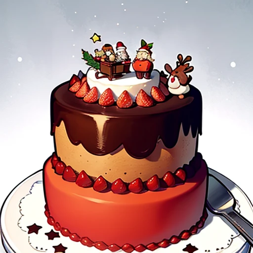 Christmas cake,strawberry and chocolate cake、2 tier cake、Santa Claus riding a reindeer pulling a sleigh over a cake、Scoop、illustratio