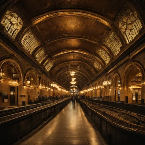 Bangkok Grand Central train station at night in futuristic steampunk style, realistic, intricate detail, perfect proportion, peaceful, aura, glow, 8k, ultra hdr,dark background, warm spotlight, wide angle view from above