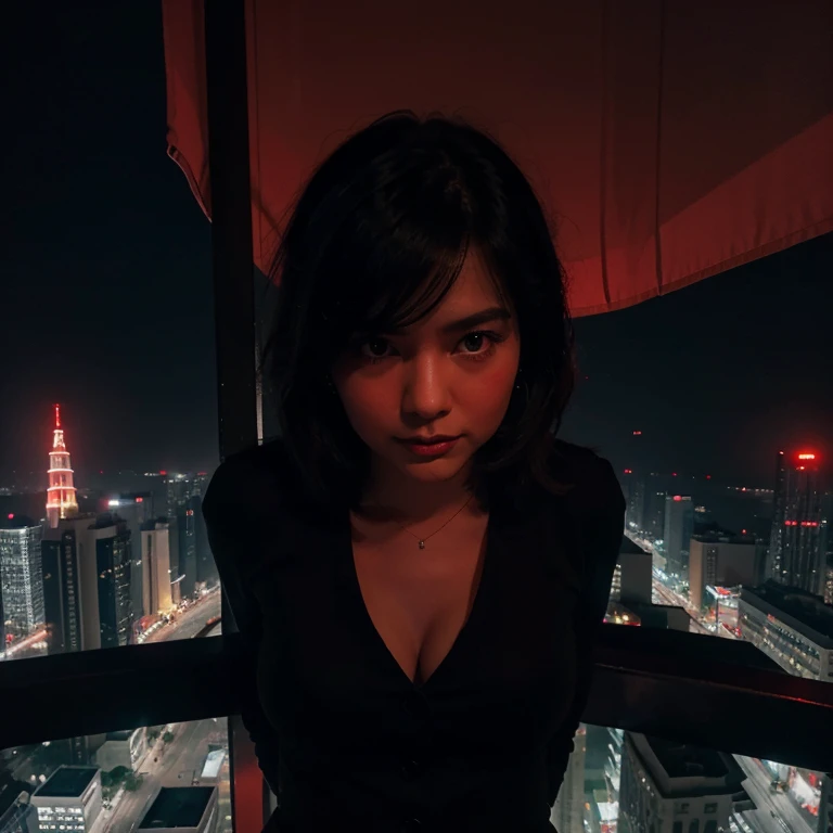 Beautiful city at night in a light shade of black and red seen from the top of a building similar to Shanghai