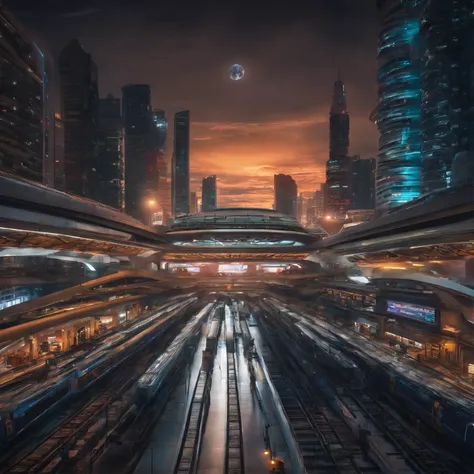 Bangkok Thai outdoor train station at night in futuristic steampunk style, realistic, intricate detail, perfect proportion, peaceful, aura, glow, 8k, ultra hdr,dark background, warm spotlight, wide angle view from above