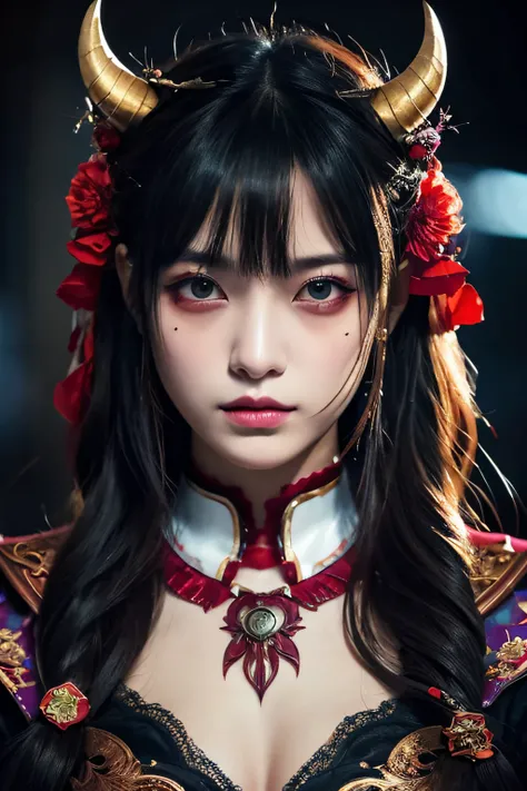 Heroine who fell into darkness、Paint on the face、no horns have grown、Evil atmosphere、the witch、top-quality、realisitic、（faded texture）、in 8K、Detailed skin、Young Asian、18year old、ultra-detailliert、hight resolution、There are shadows on the face、profetional li...