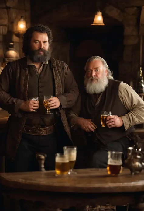 A photo of Robert surrounded by a group of lively and flirtatious tavern patrons, all holding tankards of ale,Game of Thrones TV series,Robert is fat, with thick black hair and beard streaked with grey, commonly wears black with yellow accents. Famously po...