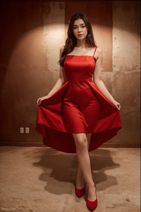 A beautiful woman in a red Christmas dress，Full body photo。Realisticstyle，High quality detailing，4K