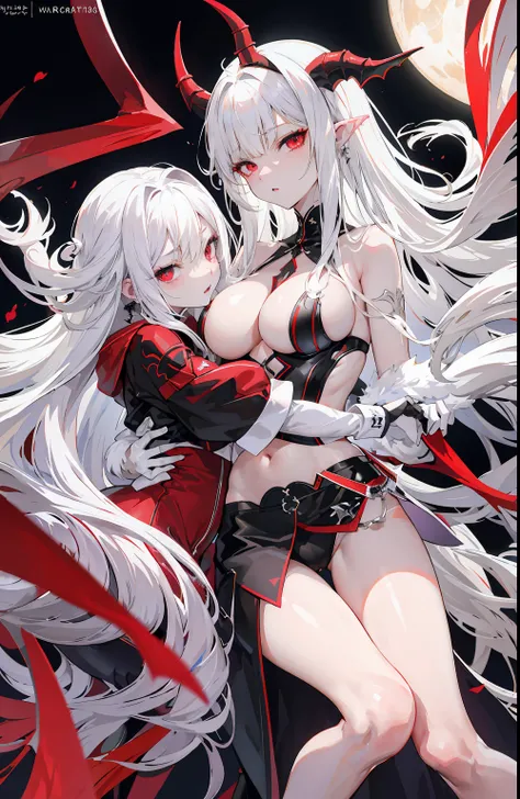 light skin color, white hair color long hair, Bigchest, 1:70, sexy for, succubi, Two tail, red eyes, A sexy pose, The demons, 26 year old, succubus mark, hugging a 12 year old girl, White hair, eBlue eyes, Mother and daughter.Squat down and open your legs