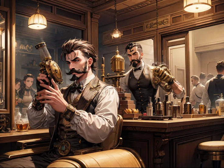 Picture a whimsical Leonardo AI-run steampunk salon where robotic barbers with gear-driven arms give absurdly over-the-top haircuts and handlebar mustaches to bemused customers, complete with a soundtrack of hissing steam and clanking metal. enormous tits