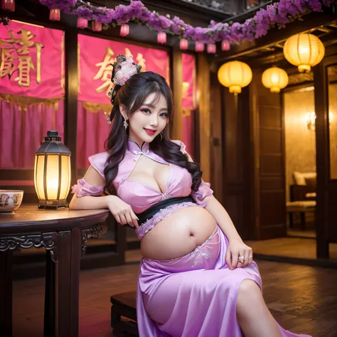 ((top-quality、masutepiece、8K、Top image quality、Highly complex and detailed depictions))、(Chinese prostitute full body photo:1.2)、Pregnancy、Slightly bulging belly、Chinese garrison house at night、((The most gorgeous Chinese prostitute costume、the most luxuri...