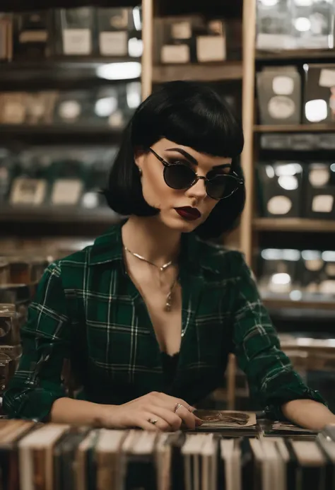 A photo of Vivian sitting at a vintage record store, browsing through a collection of vinyl with a smirk on her face.,original,Vivian is short, extremely pale, with an hourglass figure, very small breasts, black hair in a pixie cut, brown eyes, winged eyel...