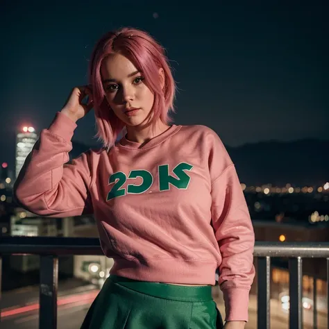 Girl 25 years old, Pink hair, realistic, posing, with red sweatshirt, green skirt, night city background