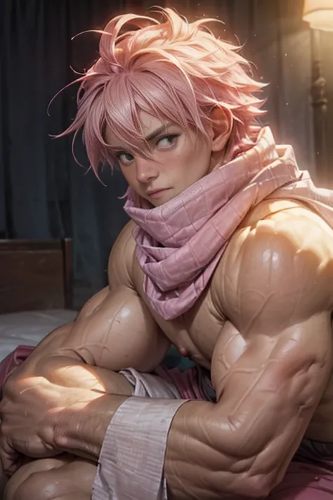 (best quality, highres, ultra-detailed), (realistic:1.37), vibrant colors, bokeh, (portrait), (front lighting), (white scarf), (pink hair), (20-year-old), (embarrassed expression:1.1), (blushing expression:1.1), (big muscular proportionate arms), (strong m...