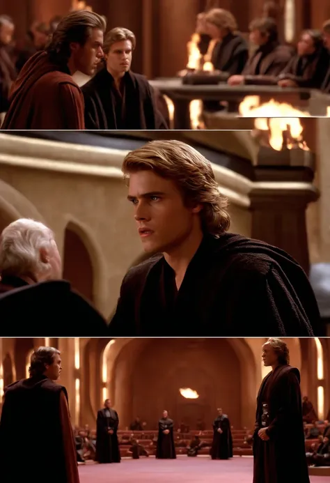 Anakin is in the Jedi Council chambers, engaged in a heated debate with fellow Jedi about the best course of action for a sensitive political matter.,Star Wars: Episode II - Attack of the Clones,Anakin Skywalker, male