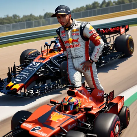 Create a cover for the Formula 1 video game for the 2024 season with drivers Lewis Hamilton, Max Verstappen e Felipe Drugovich.