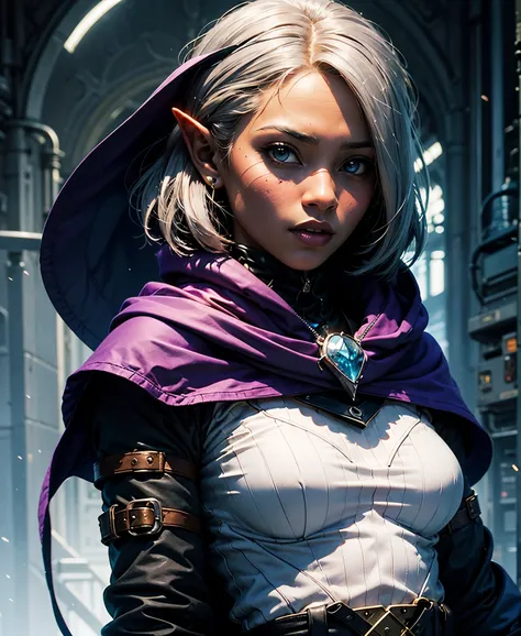 Women, elf ears, dark purple skin (drow), short silver hair, rogue, wearing lots of black, a cloak, holding two daggers.