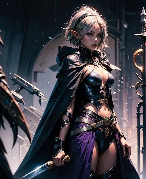 Women, elf ears, dark purple skin (drow), short silver hair, rogue, wearing lots of black, a cloak, holding two daggers.