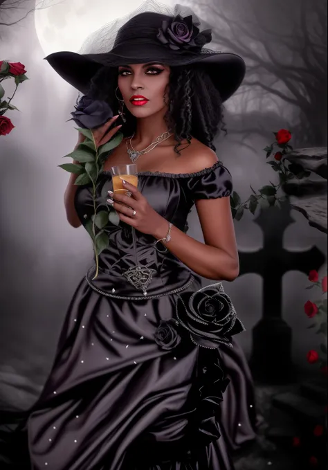 there is a woman in a dress and hat holding a glass, she is the queen of black roses, gothic maiden, an elegant gothic princess, pele escura deusa feminina do amor, gothic princess portrait, inspirado em Archibald Motley, vampiro vitoriano elegante, gothic...