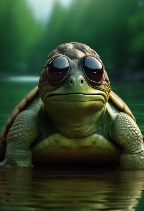 Create a super realistic image of an alien with a fat head and small body and 3 large black eyes, like a turtle, standing on the shore of the lake.