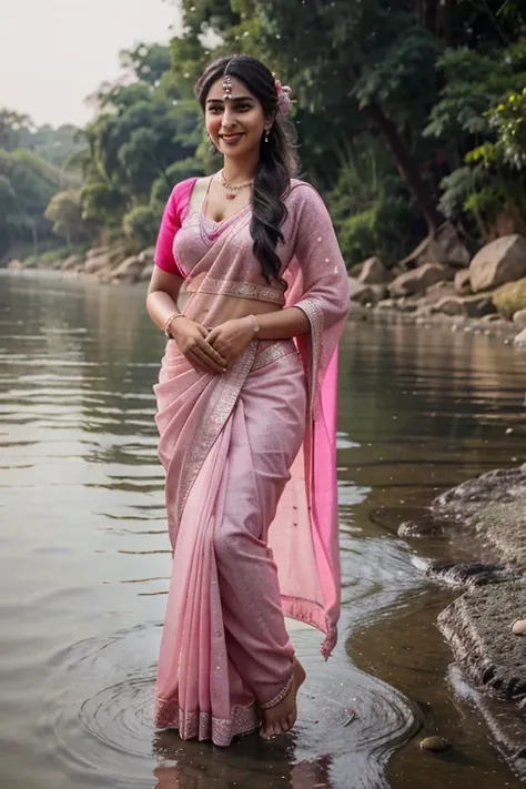 Most beautiful indian woman 30 year old in pink saree, grey hair, wearing necklace, kangan, full body image, on the river, bindi on her forehead, smiling, realistic, photo realistic, 8k