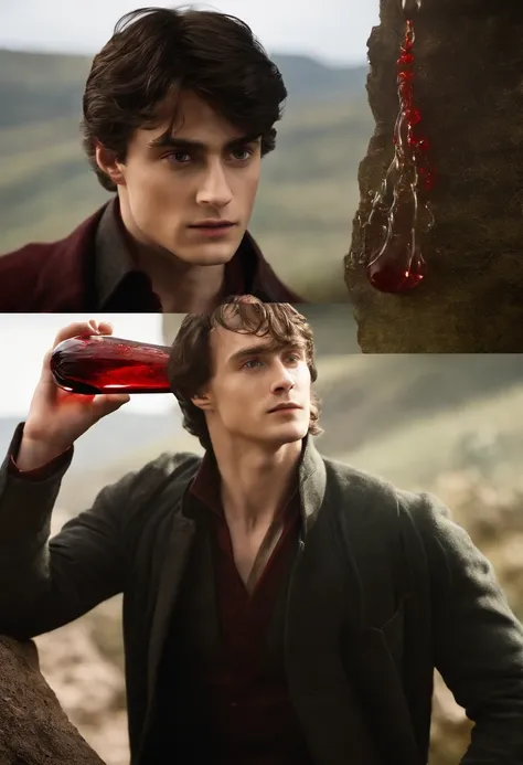 A blood-red, intricately designed potion vial, containing a bubbling, iridescent liquid.,Harry Potter series,Tom is a tall young male, pale, short black hair, brown eyes, gaunt features, famously portrayed by christian coulson, male