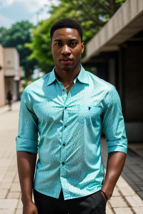 (best quality, highres:1.2), outdoor portrait, black man, casually dressed, stylish attire, confident expression, natural lighting, outdoors background, full body shot, detailed facial features, short hair, handsome, trendy, vibrant colors, sharp focus, re...