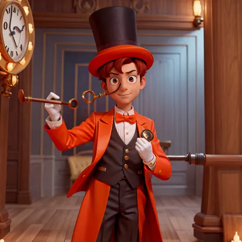 8k, full-length portrait, 9-year-old boy MATEO, dressed in an all-orange suit, with a top hat, gloves, with a pipe, a hand watch, with a monocle, a question-shaped cane, with reddish hair chestnut, brown eyes, he is smart and clever