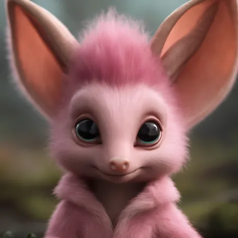 gremlin, like an echidna, Huge eyes, large ears, horns near the ears, big carrot in paws, white and pink fur, short tail, pink wool coat, The clothes, Best Quality, Masterpiece, in style of dark fantasy art