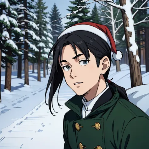 (Sketch) (Manga style) Christmas, a young boy with a long mullet haircut, big lips, and slanted eyes, wearing a hat. Winter season, snow and pine trees on the streets