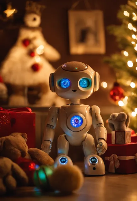 A photo of BlinkyBot carefully rearranging the familys toy collection in the playroom,original,A toy, named “BlinkyBot,” is an irresistibly cute, AI-powered robot, no larger than a teddy bear. Its soft, plush exterior, big, sparkling eyes, and a heartwarmi...