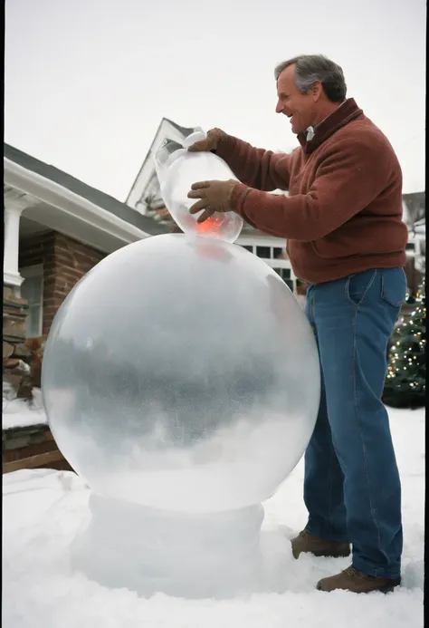 A photo of Clark Griswold attempting to set up a giant inflatable snow globe in the front yard, but struggling to inflate it properly,Christmas Vacation,Clark Griswold, as portrayed in “Christmas Vacation,” is the epitome of an enthusiastic and ever-hopefu...