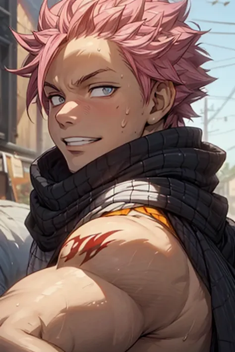 back view, 1boy, 20 year old, Natsu Dragneel sweating heavily smiling widely wearing a black sleeveless jacket  wearing white scarf , reclining down looking at the viewer. Big muscular proportionate arms. Pink hair and detailed eyes. wearing ((white scarf)...