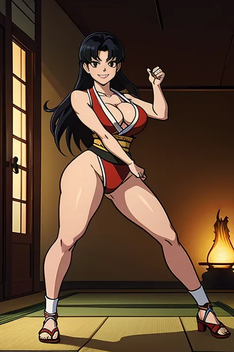 Kagome Higurashi, mai shiranui from the king of fighters, 1girl, solo, beautiful detailed eyes, ultradetailed eyes, extremely detailed face, perfect lighting, long black hair, golden eyes, 25yo, Japanese mature female, wearing a red short kimono, cleavage,...