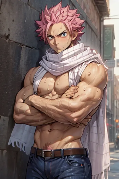 1boy, 20 year old, Natsu Dragneel sweating heavily wearing a jeans jacket  wearing white scarf , reclining down looking at the viewer. Big muscular proportionate arms and strong chest and abs. Pink hair and detailed eyes. front view, wearing ((white scarf)...