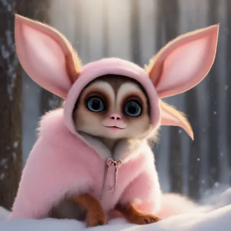 gremlin, like a swallow,antlers, Huge eyes, large ears, horns near the ears, big carrot in paws, white and pink fur, short tail, pink wool coat, The clothes, Best Quality, Masterpiece, in style of dark fantasy art