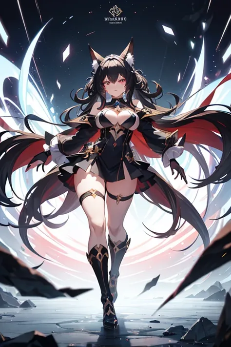 honkai impact, herrscher of thunder, black hair, very long hair, fox ears, full body,  Curvy physique, (stormy atmosphere),(best quality,highres,masterpiece:1.2),detailed facial features,thunderbolt effects,electrically charged aura,elegant pose,(vivid col...