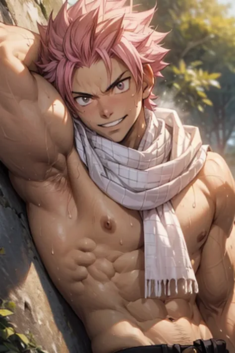 1boy, 20 year old, Natsu Dragneel sweating heavily smiling widely wearing a black sleeveless jacket and wearing white scarf , reclining down looking at the viewer. Big muscular proportionate arms and strong chest and abs. Pink hair and detailed eyes. front...