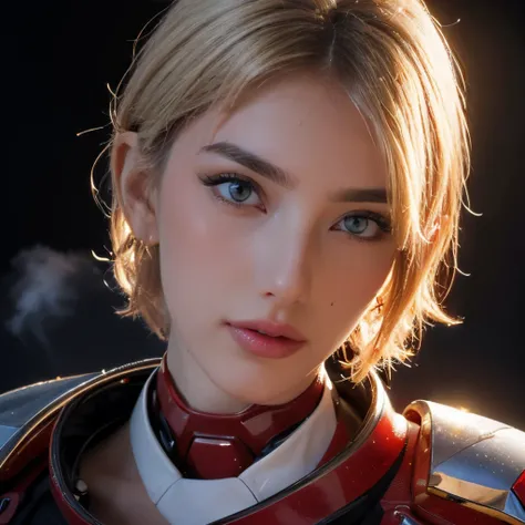 ((masterpiece)), 8k cg, best quality, intricate details, chromatic aberration, ((bust shot)), ((looking at the viewer)), 1girl, Caucasian, ((Character((strong girl)), confident smile, closed mouth, thin lips)), (red eyes), ((Narrow eyes, hyper detailed eye...