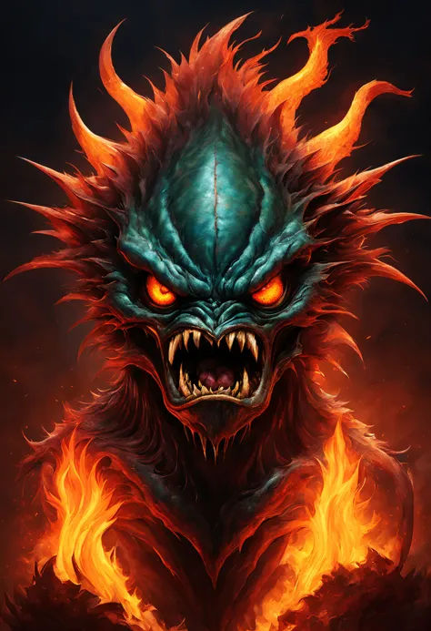 A realistic portrait of a very angry alien monster, its very detailed and textured. The colors and shades are magnificent, eyes in fire