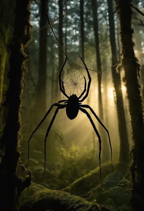 Aragog resting in her intricate web, carefully tending to the dew-covered silk threads as the evening light filters through the trees.,Harry Potter and the Chamber of Secrets,Aragog is an Acromantula, a giant spider, male