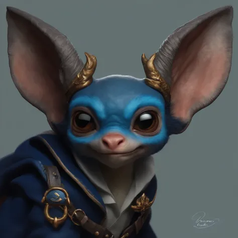 gremlin, like stitch,Antlers, Huge eyes, large ears, horns near the ears, Blue, dressed in a prvara uniform, , The clothes, Best Quality, Masterpiece, in style of dark fantasy art