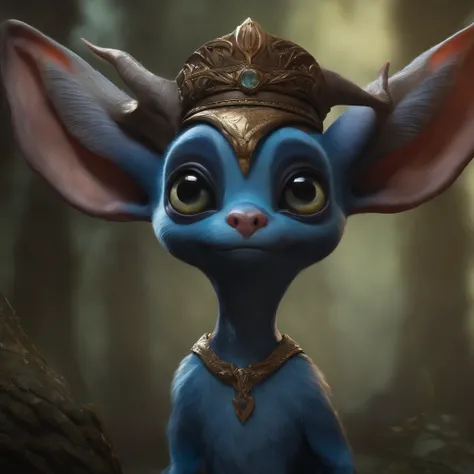 gremlin, like stitch,Antlers, Huge eyes, large ears, horns near the ears, Blue, dressed in a prvara uniform, , The clothes, Best Quality, Masterpiece, in style of dark fantasy art