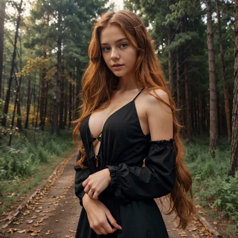 high resolution photo, iphone 15 photography, beautiful 18 young girl, many face frecles, orange wavy hair, long hair, big amber color eyes, cute baby face, slim pretty body, wear sexy black dress, forest environment, show whole body