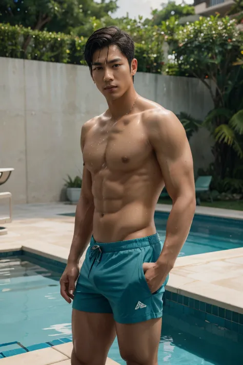 Korean male model, k pop idol, topless, muscles, head to toe, full body portrait, standing ,outdoor luxury yacht background, realistic, romantic, photograph, portrait, elegance handsome, athlete body, fashion set, mens wear, shorts, shorts hi cut underwear...