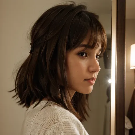 Woman looking in mirror solemnly, brown hair, brown eyes